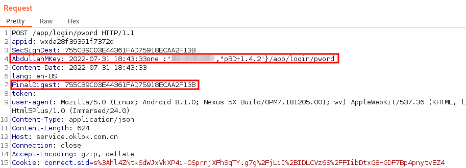 Sample API request sent from the modified application, showing the additional headers mentioned. Note that the "FinalDigest" and "SecSignDest" header values are the same