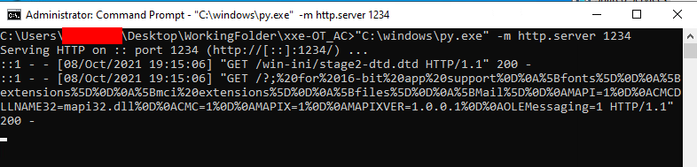 This image shows the local HTTP server processing two GET requests