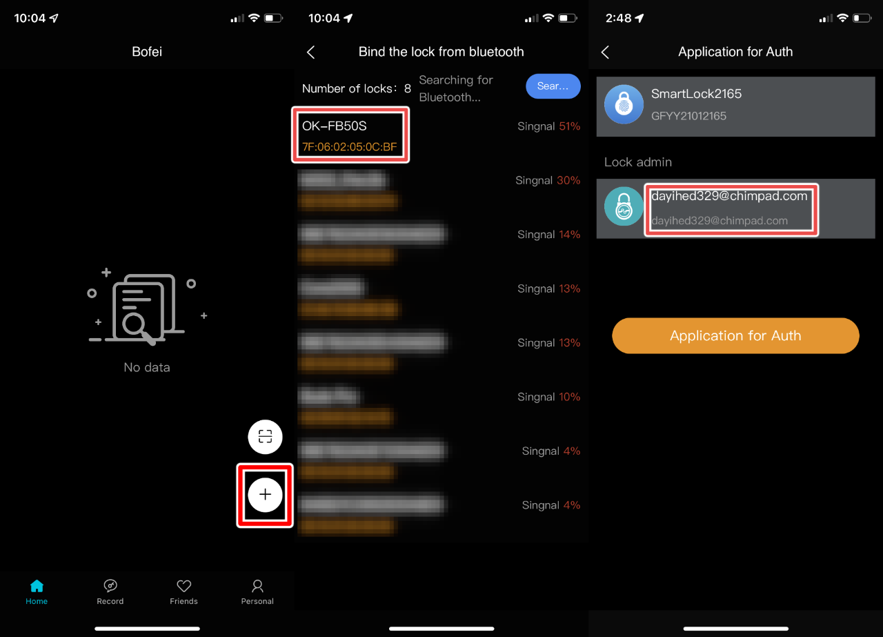 This image shows the application detecting a lock within range, and how the application revealed the username of locks' owners