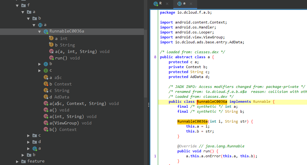 A screenshot of the obfuscated application's code in JADX